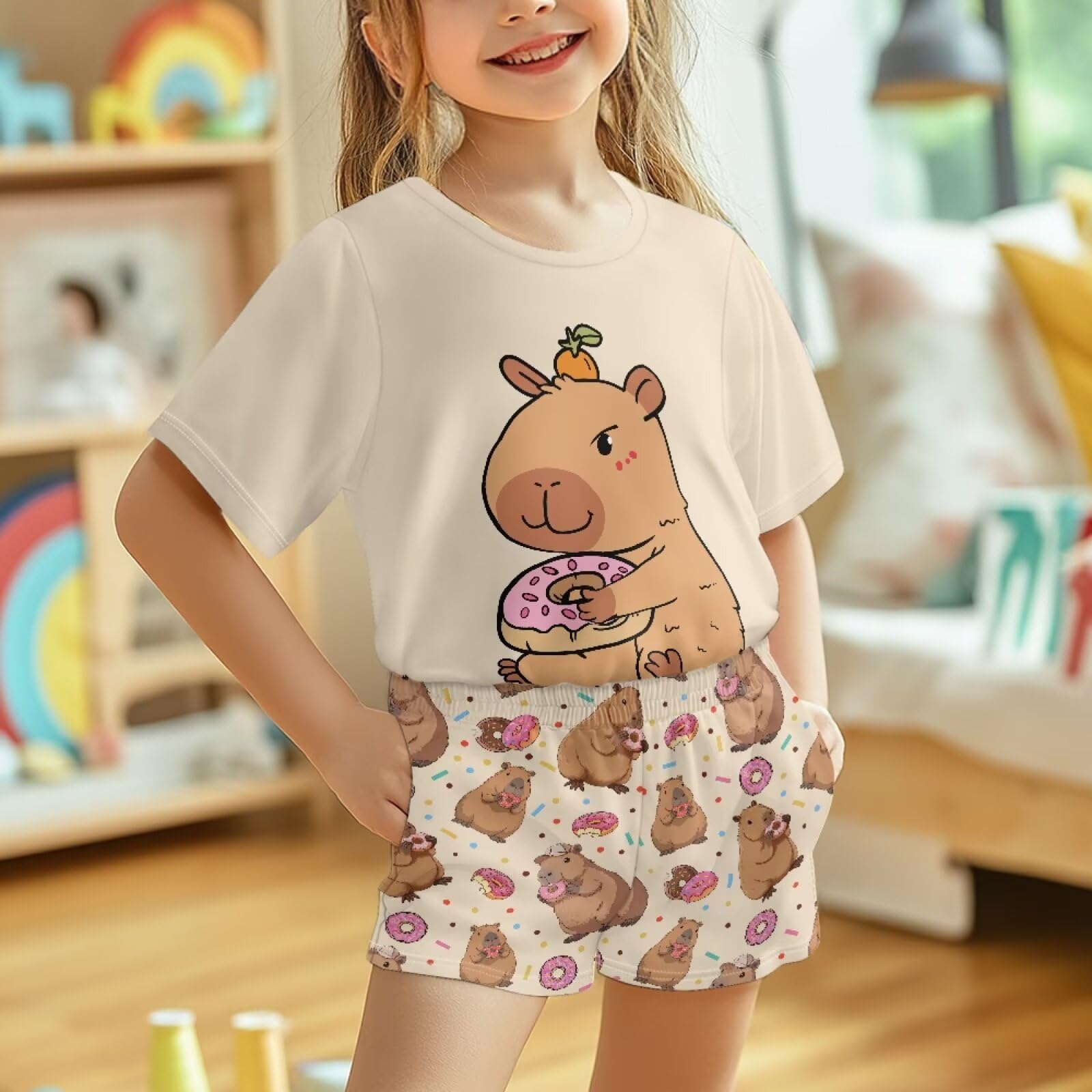 Conjunto de pijama de verano de manga corta para niñas, ropa de dormir de 2 piezas con bolsillos