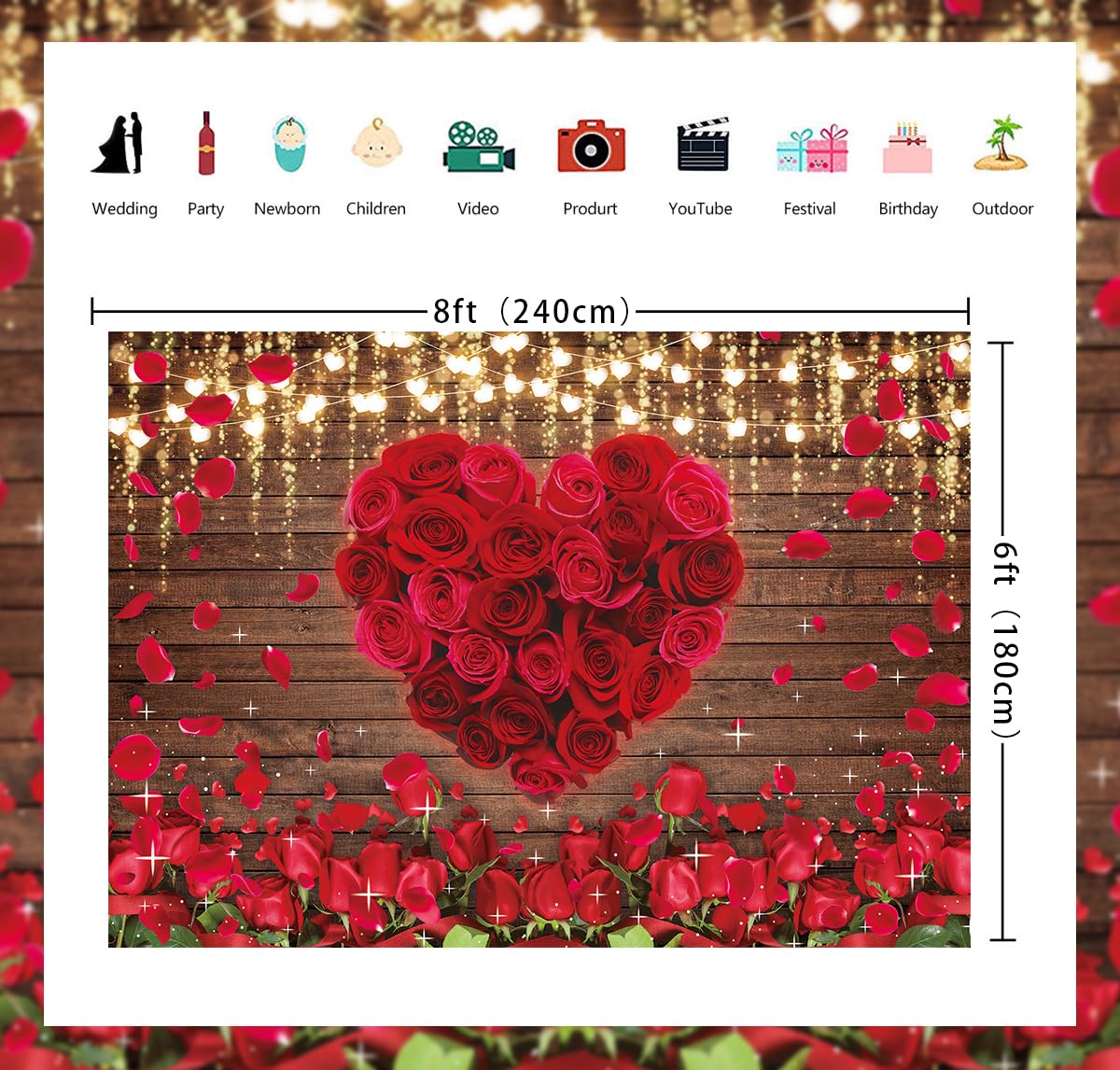 Rote Rose Hintergrund Blumen Holz Wand Valentinstag Liebe Herzen Fotografie Hintergrund für Hochzeit Brautdusche Jahrestag Geburtstag Party Dekor Liebhaber Portraits Requisiten Banner (238 x 180 cm)