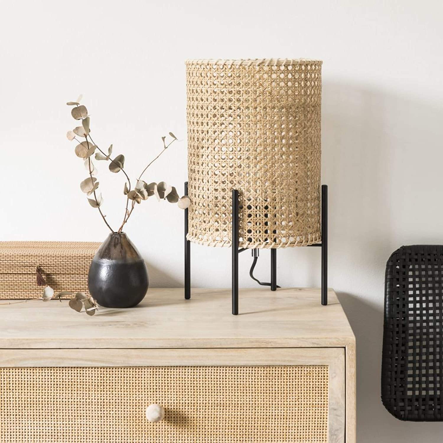 DECOWAY Handmade Wicker Table Lamp, Vintage Night Lamp Shade Side Lamps Light Decoration for Home, Living Room, Bedroom Bedside, Hall | Made in India; Color: Beige; (Bulb Not Included)