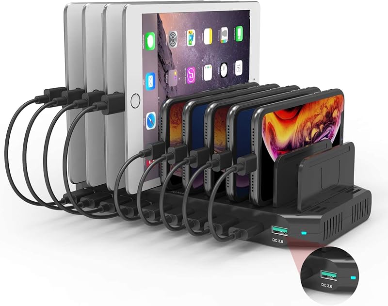 Alxum 60W 10 Ports Station de Charge USB Chargement avec QC 3.0 Charge Rapide, Multiple Station Rech