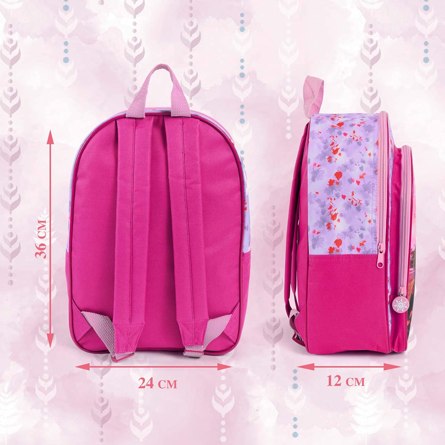 PERLETTI Zainetto Bambina Colorato Principesse Anna Elsa - Disney Frozen 2 con Pratica Tasca Frontale per Asilo - Cartella Scuola Materna Elementare Rosa e Lilla - 36x25x12 cm