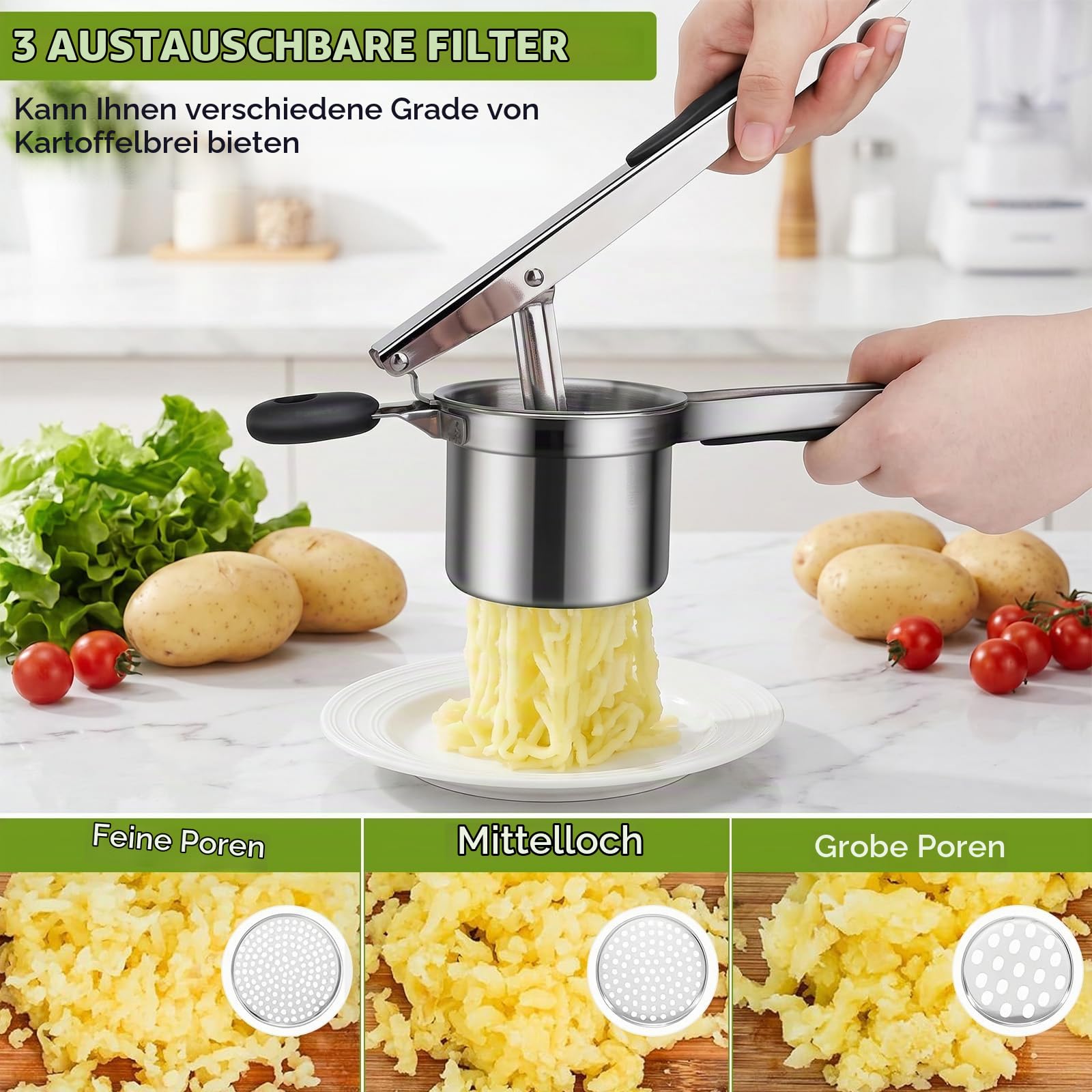Kartoffelpresse Edelstahl Spagettieis Quetsche 450ml Spaghetti Eispresse mit 3 Austauschbare Sieb und Reinigungsbürste Kartoffelpüree, Spätzle, Gnocchi, Gemüse und Saucen