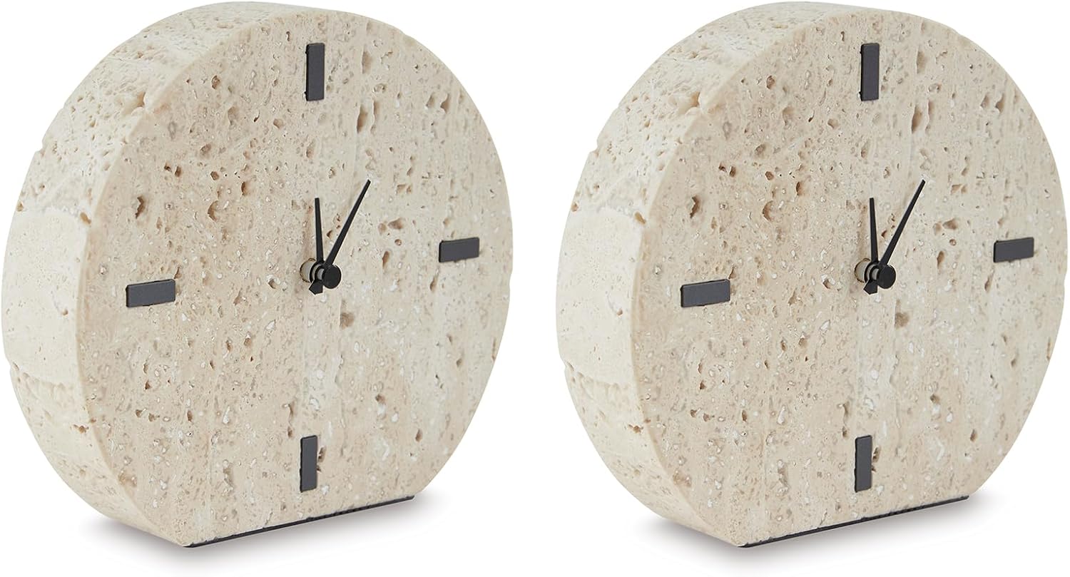 Signature Design by Ashley Donfordson Contemporary Travertine Analog Quartz Table Clock, Set of 2, Beige & Black