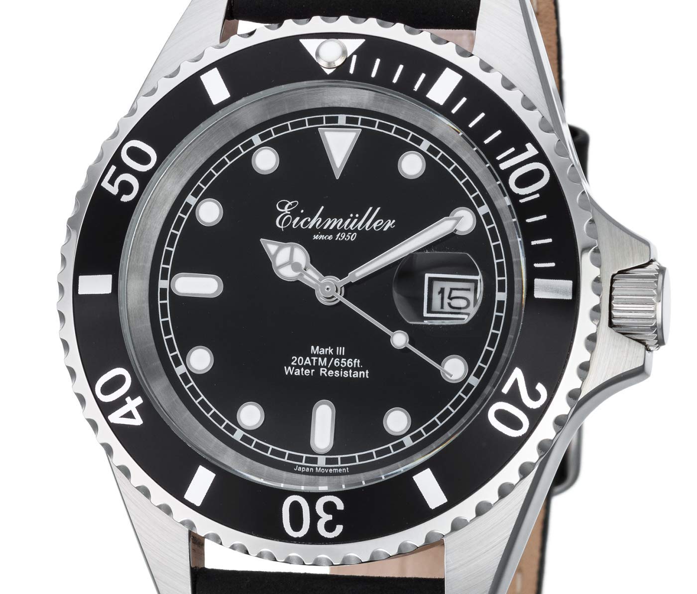 Eichmüller Reloj de hombre de Buzo negro con lupa, indicador de fecha y bisel giratorio 20 ATM, Correa