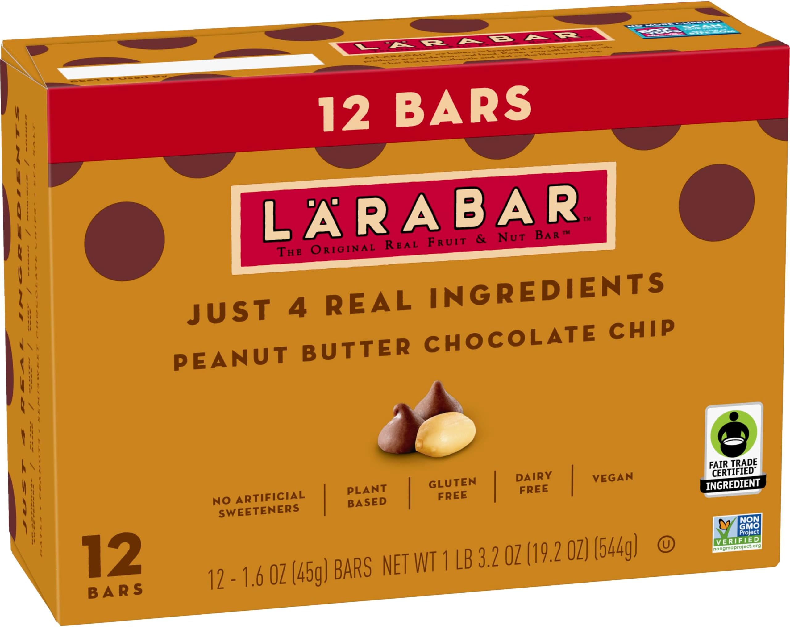 Larabar Peanut Butter Chocolate Chip, Fruit and Nut Bars, Gluten Free and Vegan, 12 Ct, 19.2 oz