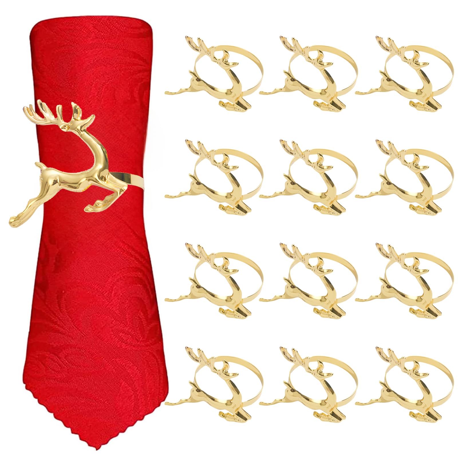 Viicoor Gold-Elk 12P Christmas Napkin Rings Gold Reindeer Napkin Holders Elk Napkin Buckle For Xmas Lunch Thanksgiving Holiday Party Table Decor