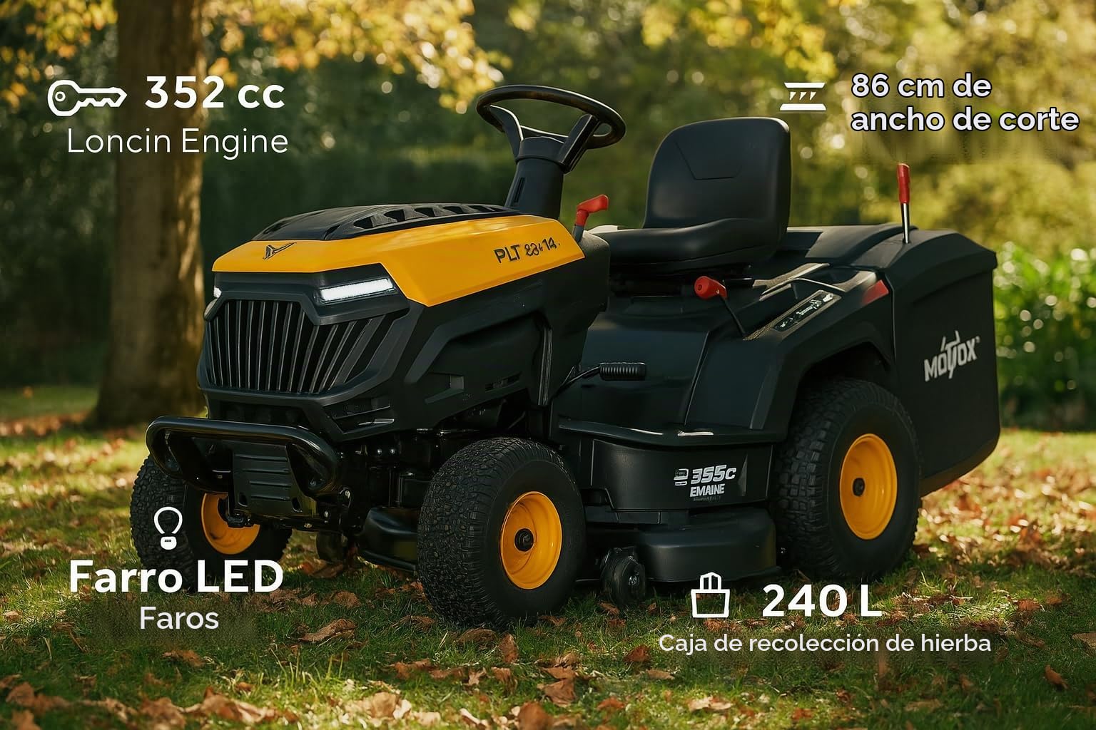 Tractor cortacésped Mowox PLT 86/10 RM – Motor 352 CC Loncin, Ancho 86 cm, recogedor 240 L, Sistema Doble Cuchilla, Faro LED, Arranque con Llave