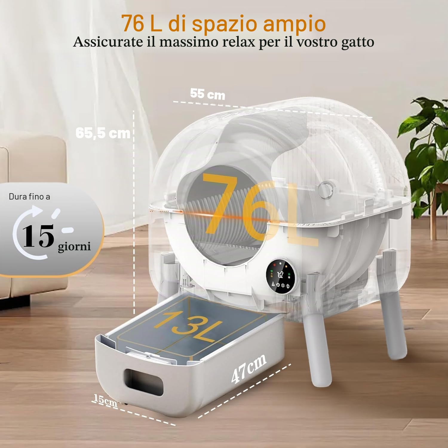 Lettiera Gatto Autopulente,Lettiera Autopulente per Gatti, Grande Capacità 76 Litri, Tipo Chiuso/Inodore/Illuminazione Ambientale, Lettiera Automatica per Gatti adatto per Più Gatti