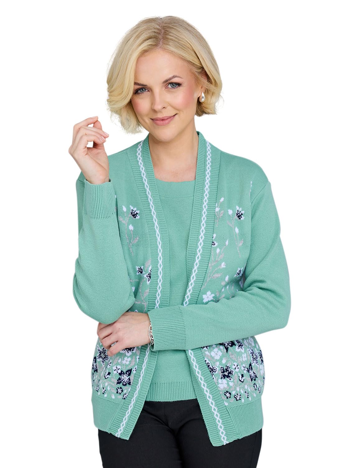 Chums Ladies Floral Jacquard Mock Twin Set Cardigan with Elegant Edge Trim Detail, Comfortable Stretch Fit Soft Green 20-22