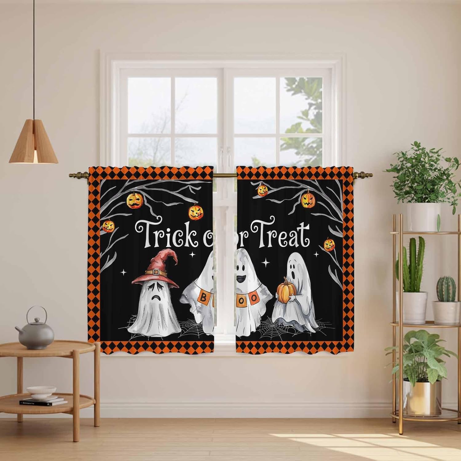Halloween Ghost Kitchen Curtains 45 Inch Long 2 Panel Set, Rod Pocket Window Treatment, Funny Spooky Pumpkin Orange Plaid Light Filtering Panels Short Drapes for Bathroom Camper 42"W x 45"L