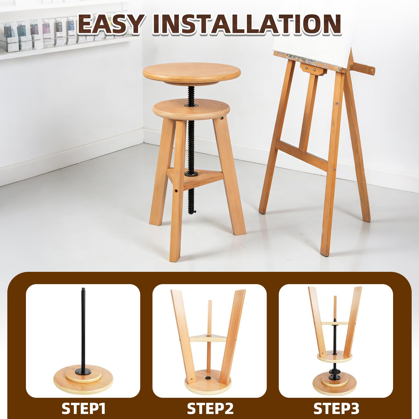 Taburete de dibujo de madera, 48 – 65 cm, altura regulable, taburete de madera de haya | Taburete multifuncional para estudio de artistas, estudio, hogar, bar, cocina u oficina
