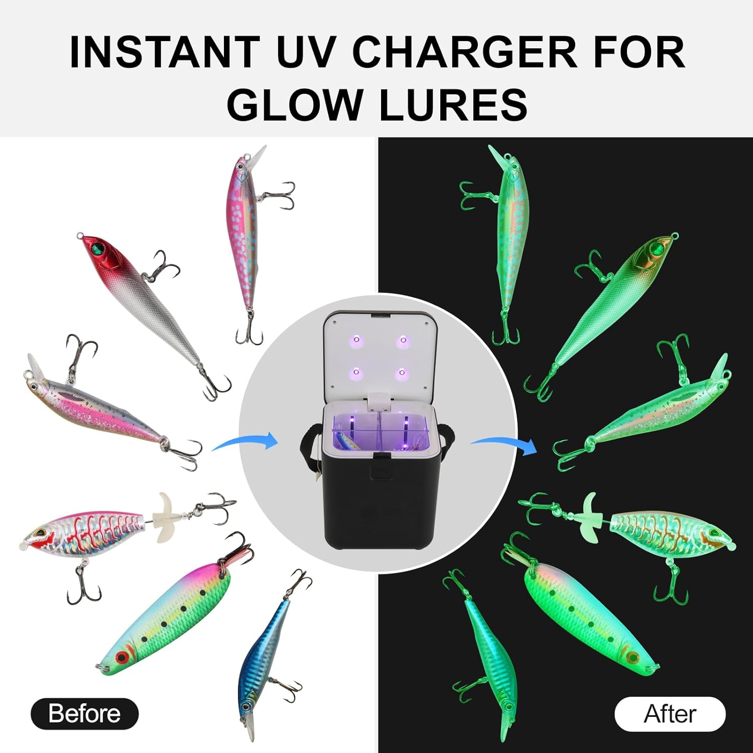 UV Fishing Lure Charger Case Glow Lure for Ice Fishing Deep Water & Night Fishing Compatible with Fluorescent Lures Jigs, Spoons Portable Hands-Free Design