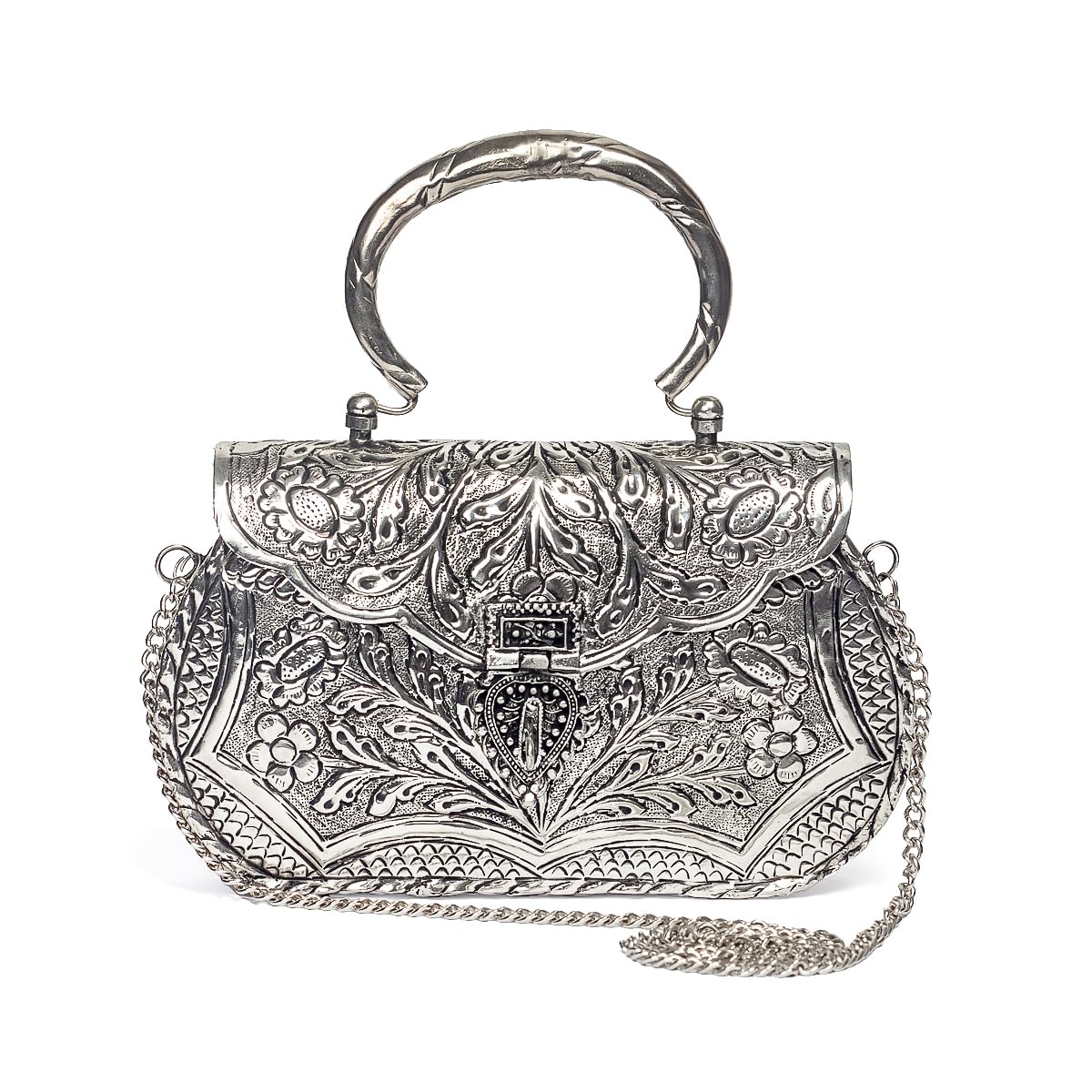 ™ German Silver Designer Clutch Purse with Chain & Handle | Handmade Ethnic Metal Handbag | Ideal for Wedding, Festival & Bridal Gifting