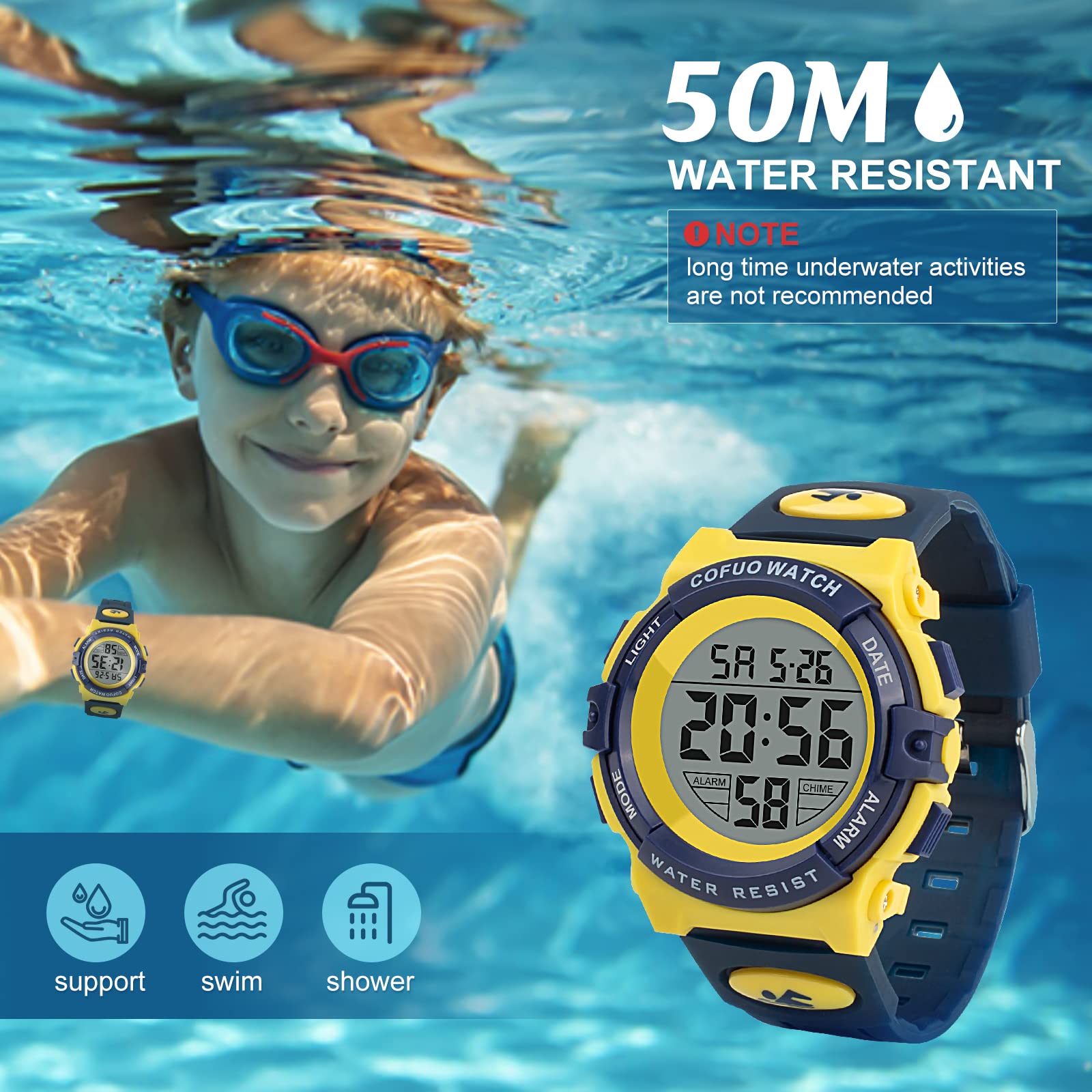 cofuo Orologio sportivo digitale per bambini e ragazzi, impermeabile, casual, elettronico, al quarzo, 7 LED colorati, con sveglia, cronometro, cinturino in silicone luminoso