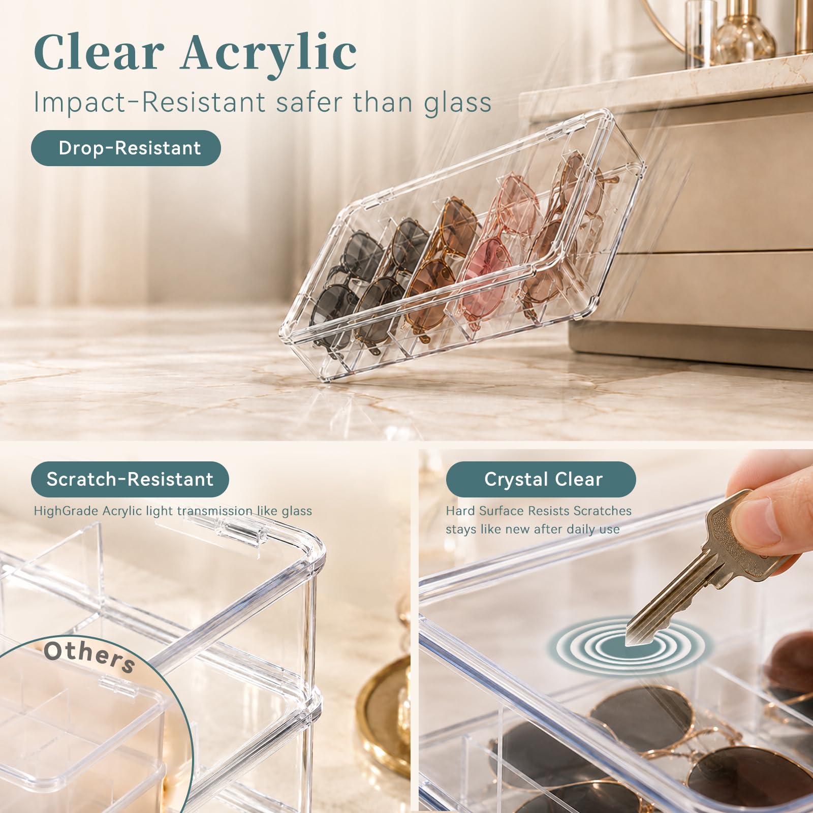 3 Acrílico Organizador de Gafas de Sol Capacidad para Guardar Varias Gafas - Caja para Gafas 5 Cuadrículas con Tapa Transparente - Apilable Guarda Gafas Organizador para Almacenamiento Joyas