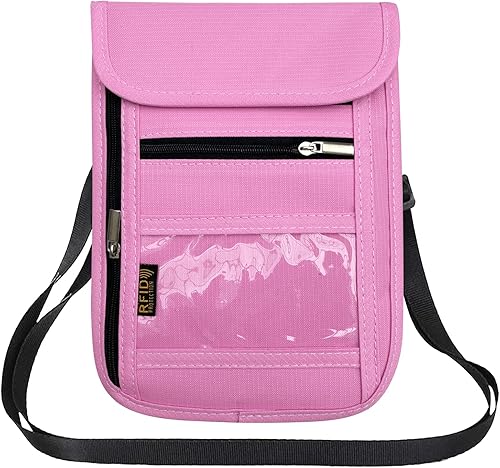 Bolsa de viaje con bloqueo RFID para el cuello y soporte para pasaporte, bolsa de viaje para el cuello para mujeres y hombres, Rosado
