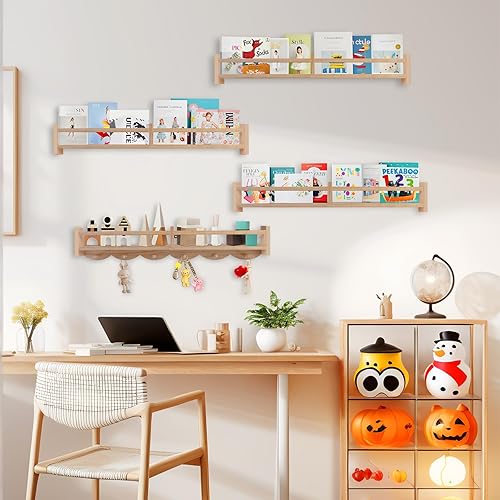 Miniatura 4 de Estantes para libros de guardería de 34 pulgadas montados en la pared, estante flotante para libros para niños con 6 ganchos, estante colgante de
