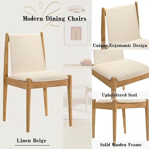 Miniatura 4 de DUOMAY Juego de 2 sillas de comedor tapizadas de lino beige, sillas de cocina sin brazos de madera con patas naturales y marco resistente para