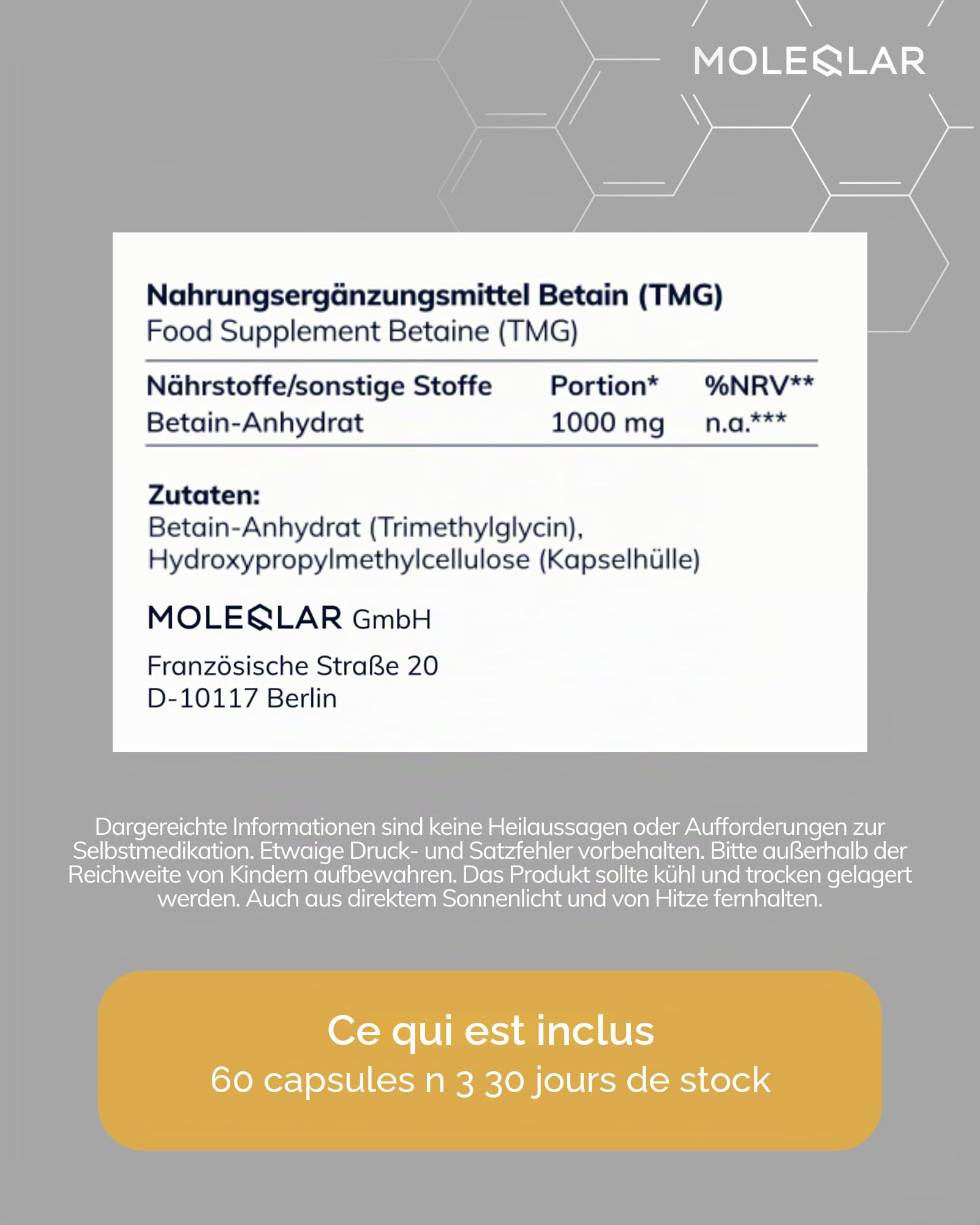MoleQlar Bétaïne TMG 60 gélules – 500 mg triméthylglycine/capsule, haute pureté, végan, fabriqué en Europe