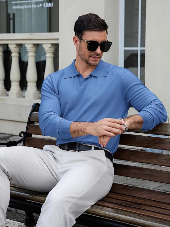 Mens Knit Polo Sweater Long Sleeve V Neck Casual Golf Polo Lightweight Collar Pullover Sweaters