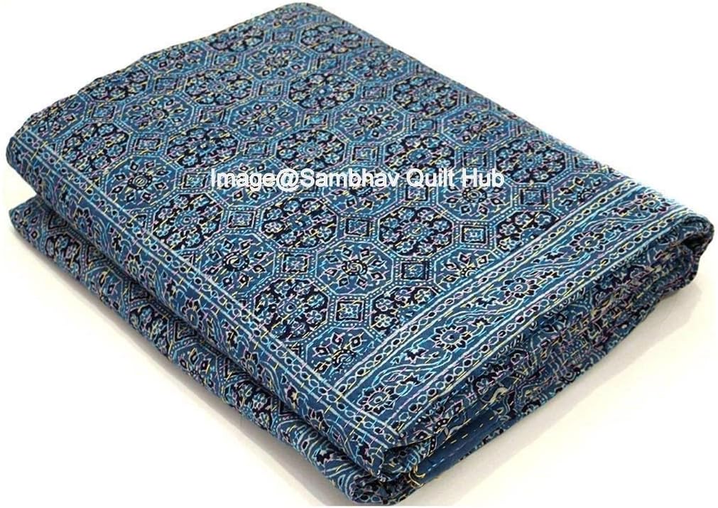 Indian Handmade Quilting Queen Size Hand Block Print Kantha Quilt 90x108 Inch Ajrakh Kantha Bedspread Vegetable Dye Kantha Blanket Indigo Print Ajrakh Kantha Quilt Twin/Queen (60X90 inch)