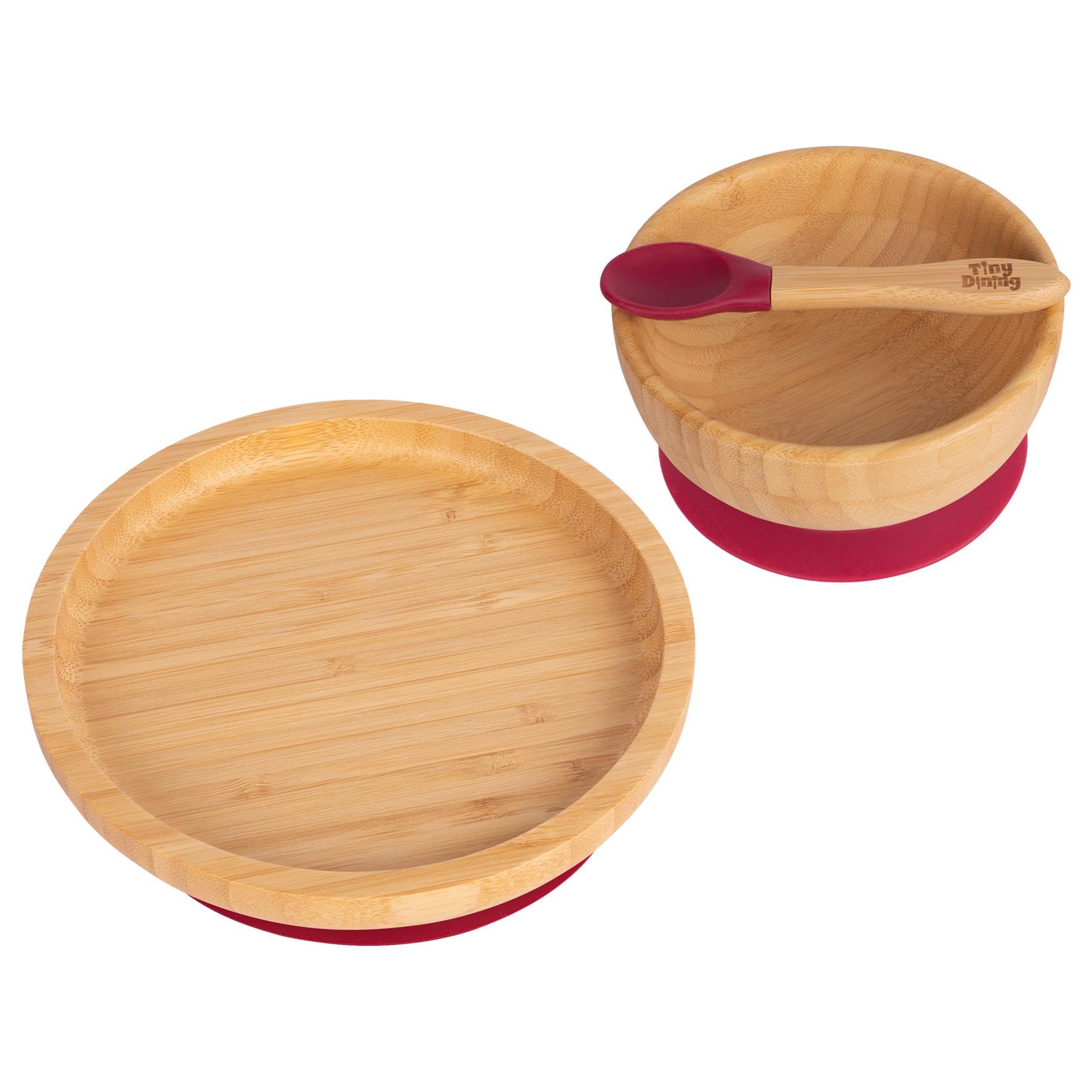 Tiny Dining Baby Dinner Set - Round - Red - 3pc - Divided Non-Slip Bamboo Self-Feeding Weaning Plate, Bowl & Spoon for Babies, Toddlers, Children