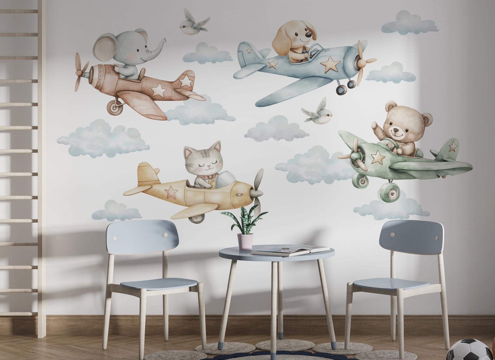 Sticker mural motif avions, montgolfières I étoiles nuages animaux images d'enfants garçon fille autocollant Osomhome (animaux en avion, XL)