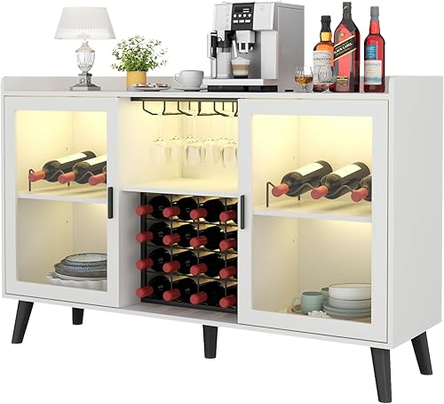 Gabinete de bar de vinos con luz LED, gabinete de café para el hogar con estante para vino y vidrio, aparador de cocina con estantes de