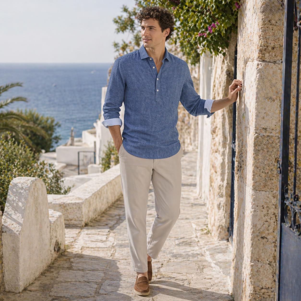 Camisa de Lino para Hombre, Manga Larga con Media Tapeta, Estilo Casual Transpirable para Verano y Playa, Camisa Ligera de Diseño Minimalista