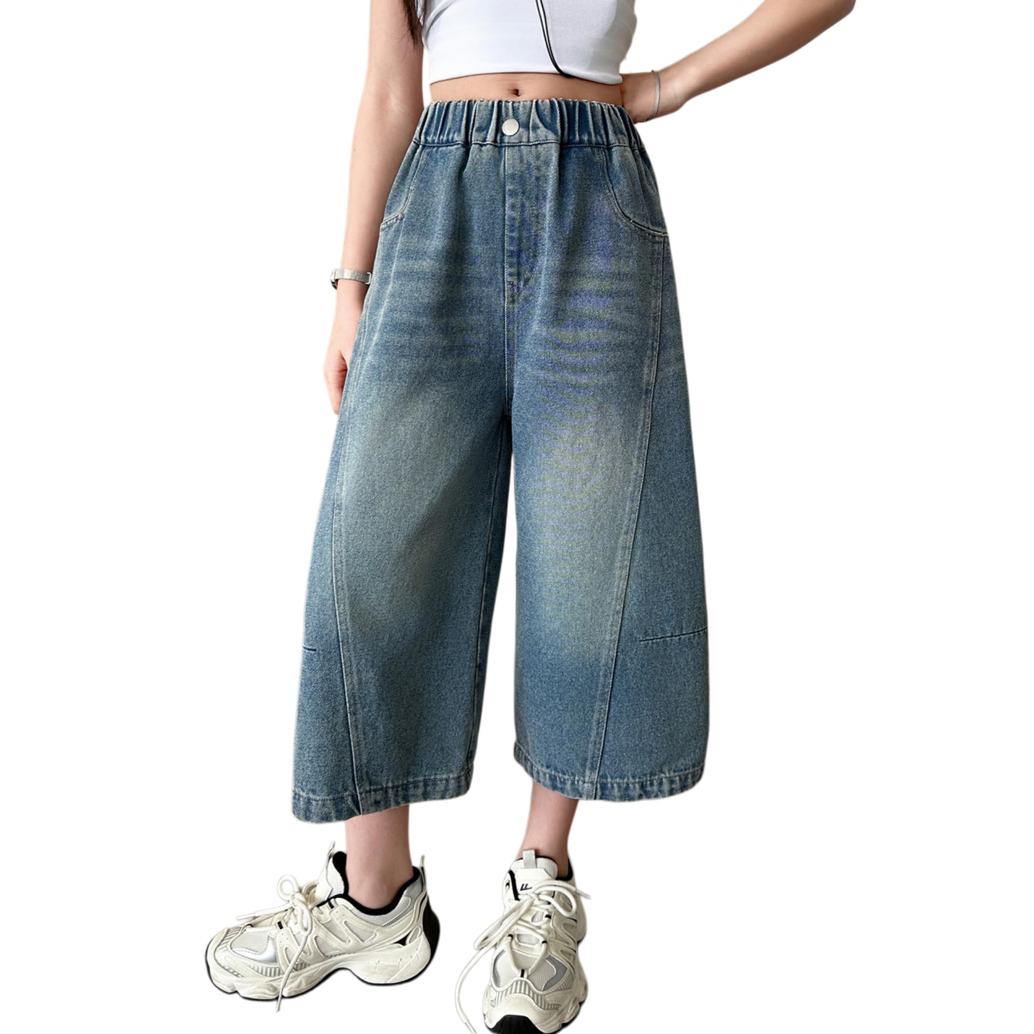 Rolanko Vaqueros Cropped para Niña, Pantalones Capri Holgados con Cintura Elástica
