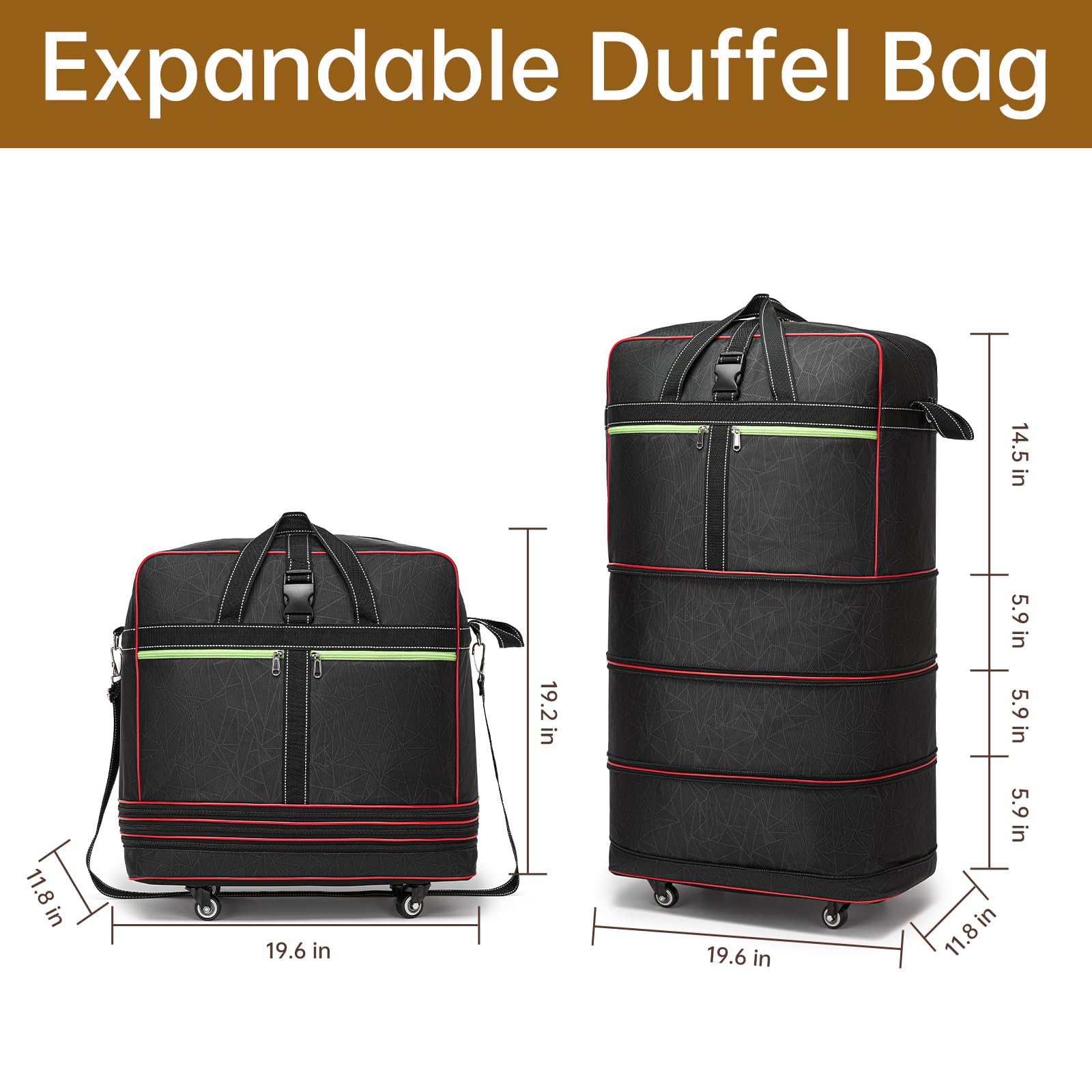 Faltbare Reisetasche, groß, erweiterbar, Roll-Reisetasche mit Rollen, wasserdicht, zusammenklappbar, Handgepäcktasche mit Rollen und Griff, Schwarz