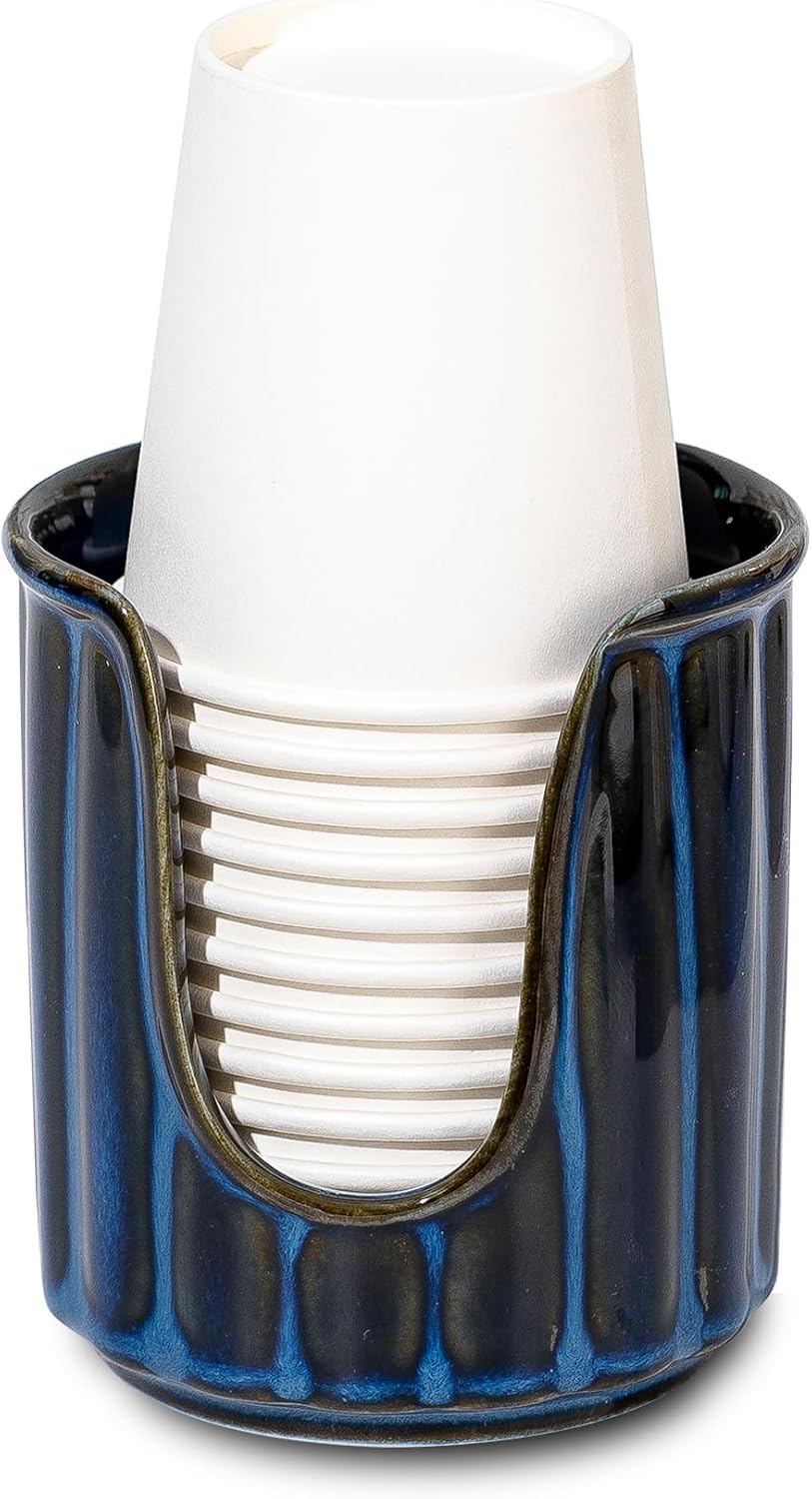 TANEW Ceramic Bathroom Cup Dispenser with Stylish Vertical Stripes - Dixies Cup Dispenser & Mouthwash Cup Holder Holds 3oz Paper Cups for Rinsing Cups on Bathroom Vanity Countertop Reactive Glaze Blue