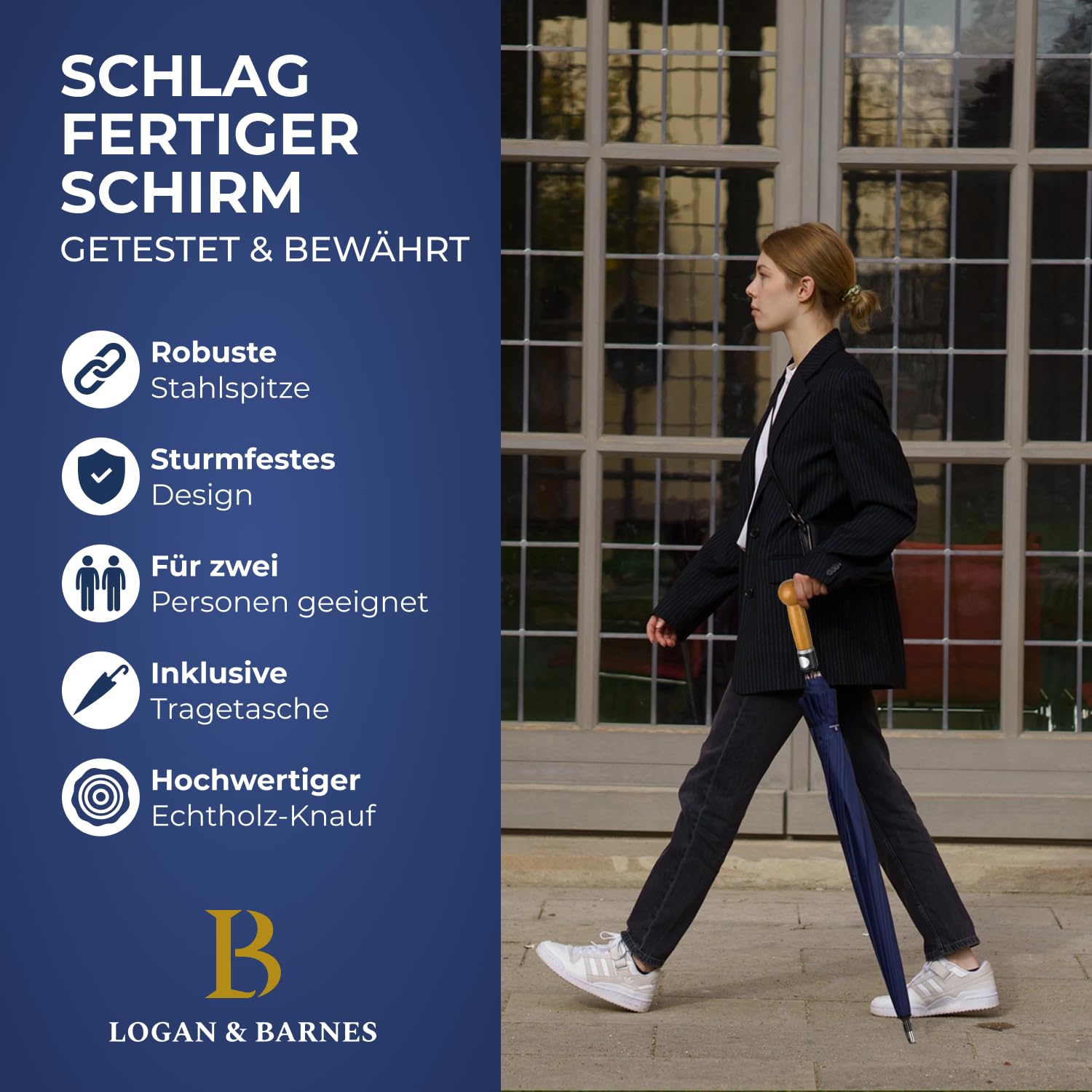 LOGAN & BARNES Regenschirm Selbstverteidigung Ø120cm mit Hartholzknauf und unzerbrechlicher Stahlspitze - Selbstverteidungsschirm mit automatischer Öffnung - Modell DETROIT