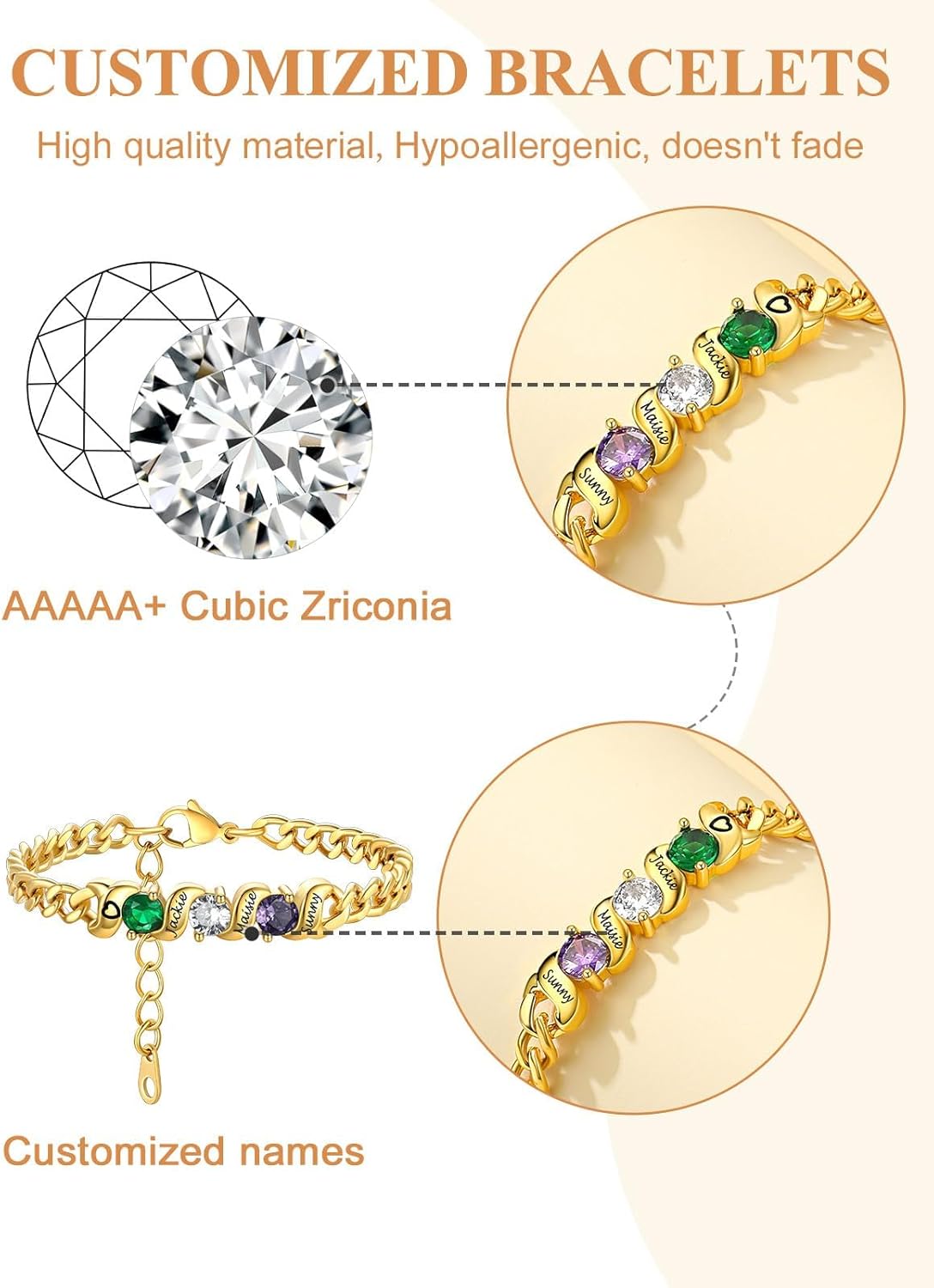 Custom4U Personalized Birthstone Bracelets for Women Silver/Gold Custom Cuban Link Chain Name Bracelet with 1-5 Birthstones Birthday Mother's Day Christmas Jewelry Gifts for Her Mom Wife Grandma - Image 4