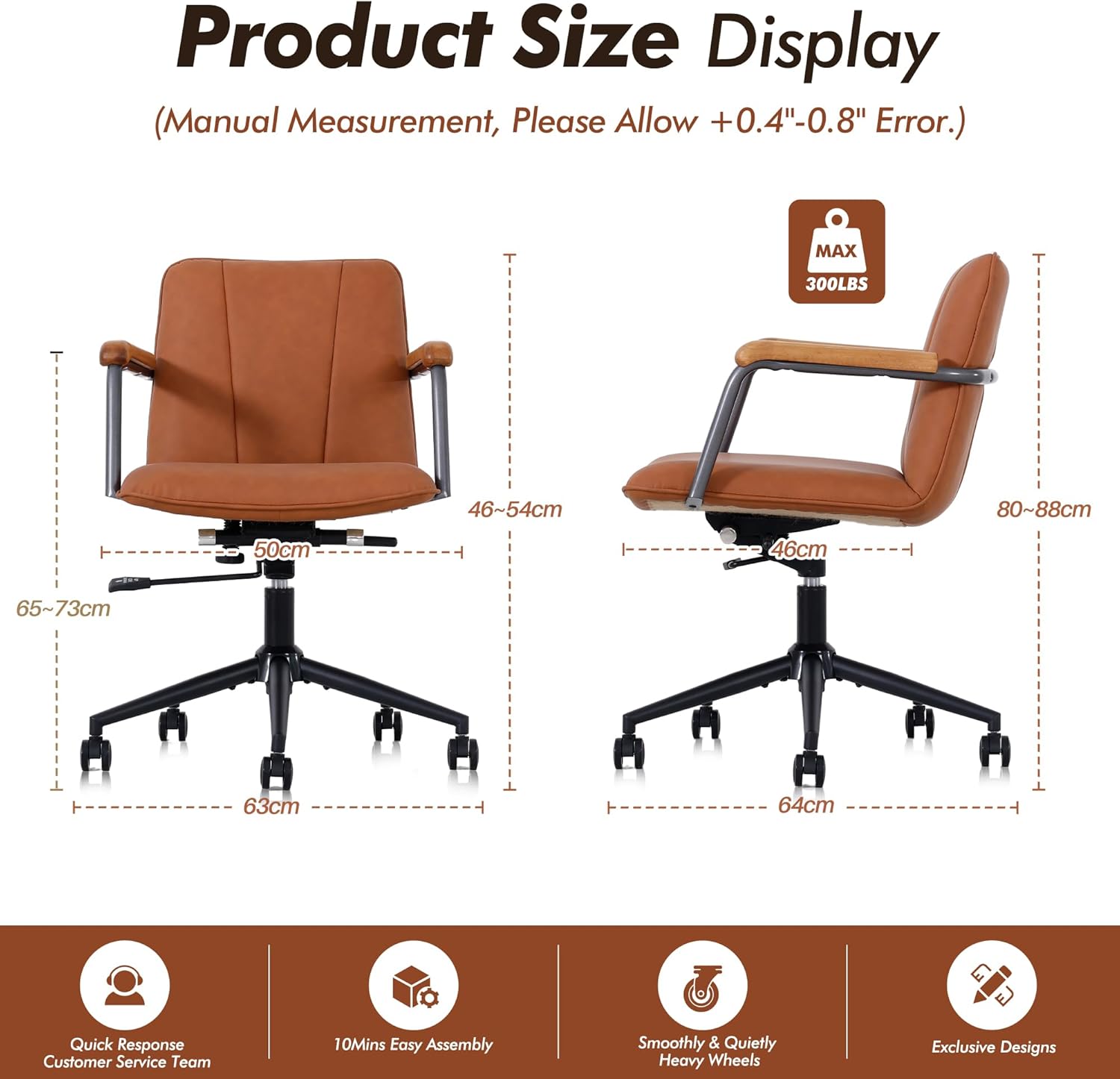 Home Office Desk Chair, Ergonomic Minimalist Faux Leather Swivel Chair with Oak Wood Armrests, Comfortable Task Chair for Computer or Study Room, Set of 2, Rust Brown