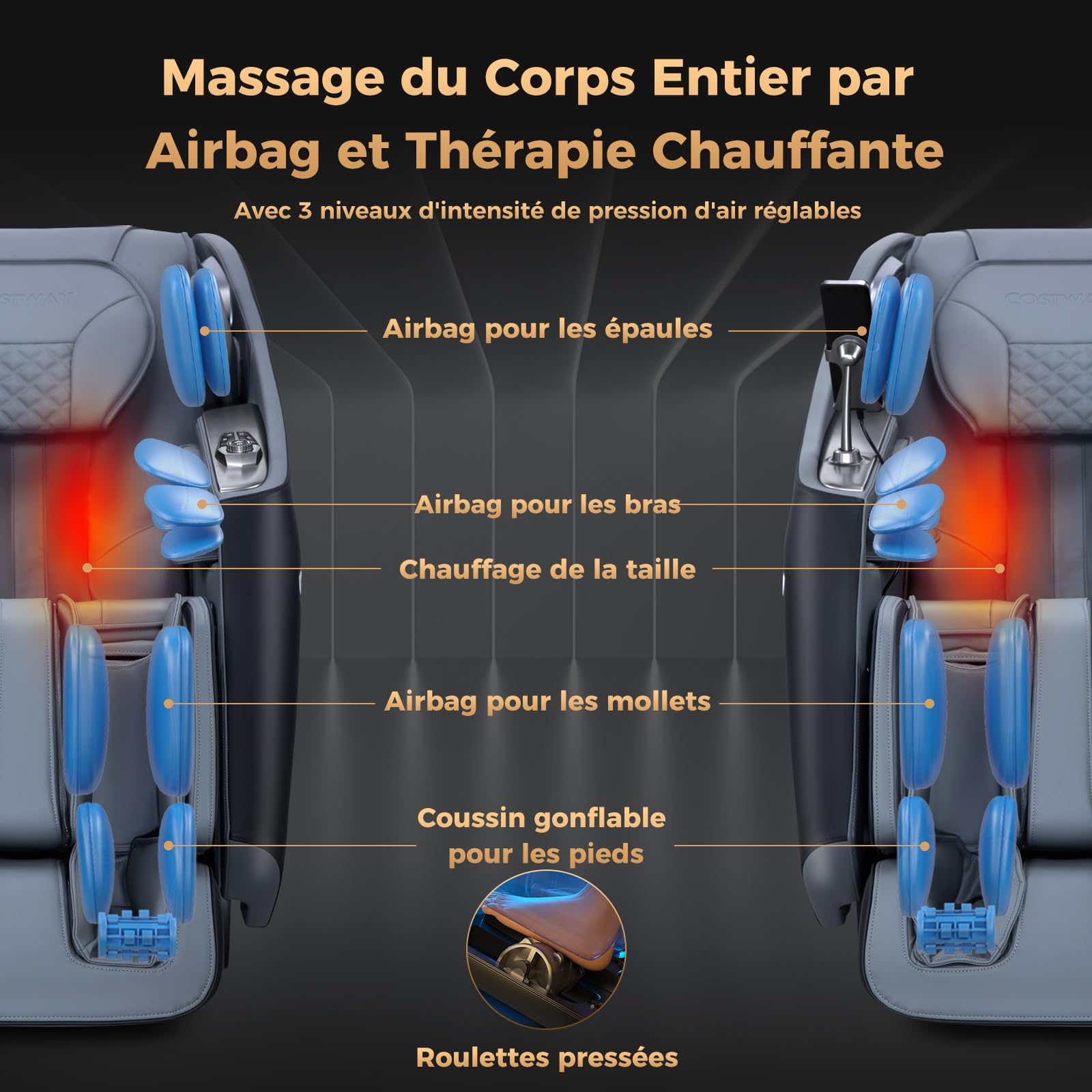 COSTWAY Fauteuil de Massage Électrique, Fauteuil de Massage Inclinable Rail SL avec 12 Modes Automatiques 5 Techniques de Massage Chauffage et Rouleaux Télécommande Haut-Parleur (Noir)