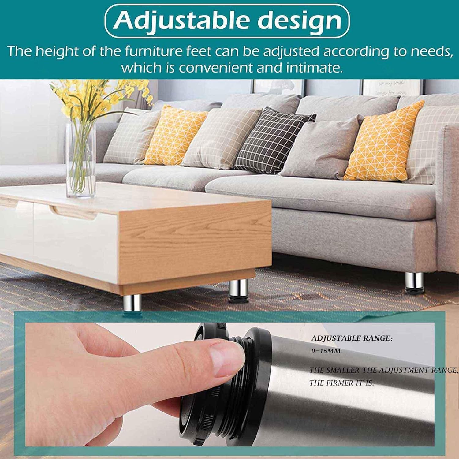 Swivel Adjustable Table Leg X4 Cabinet Legs Adjustable Stainless Steel Adjustable Bed Legs Round Furniture Leg 0-15mm for DIY Furniture,450mm(17.71in) ()