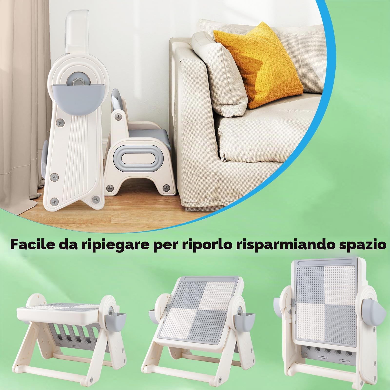 LIFEZEAL Tavolino e Sedia per Bambini 18+Mesi, in Plastica, Tavolo con Lavagna, Libreria, Tavola per Costruzioni, Vassoio di Acqua, Sabbia, Altezza Regolabile, Piano Inclinabile, Pieghevole (grigio)