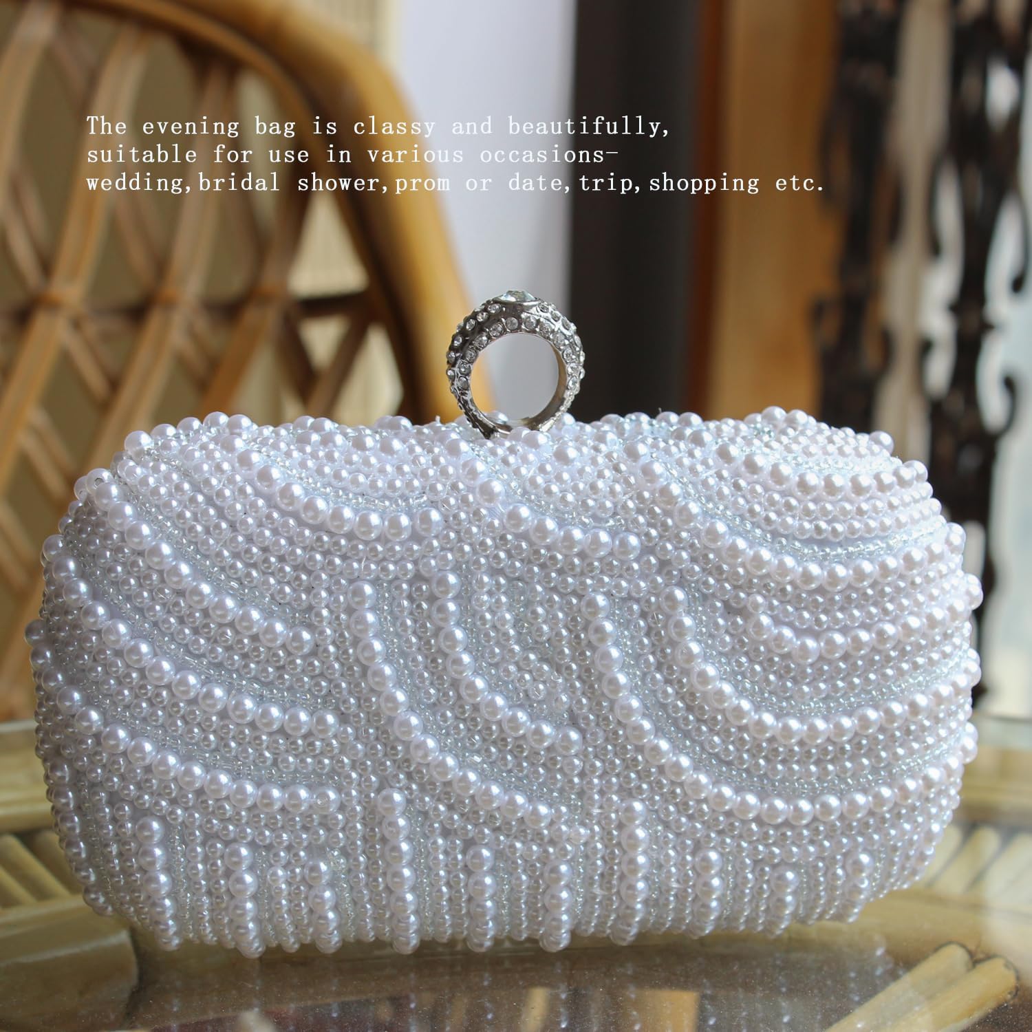 Aovtero Pearl Clutch Bag Bride Purse Women Wedding Prom Evening Bags Full Beaded Handbag with Chain