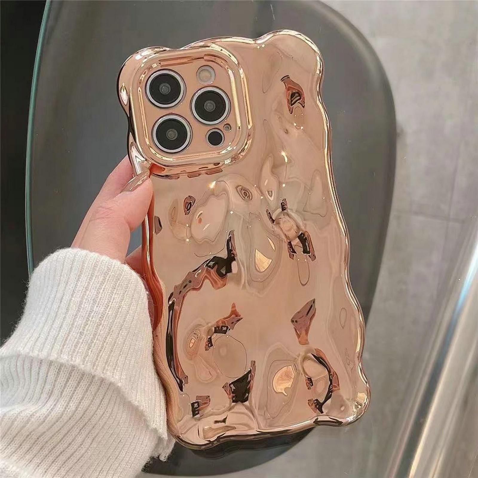 JANDM Case for iPhone 15,3D Wave Bubble Shape Ripple Chrome Pattern Soft Non-Yellowing Bumper Case Glitter Shiny Camera Shockproof Women Girls Cover Case for iPhone 15 -Gold