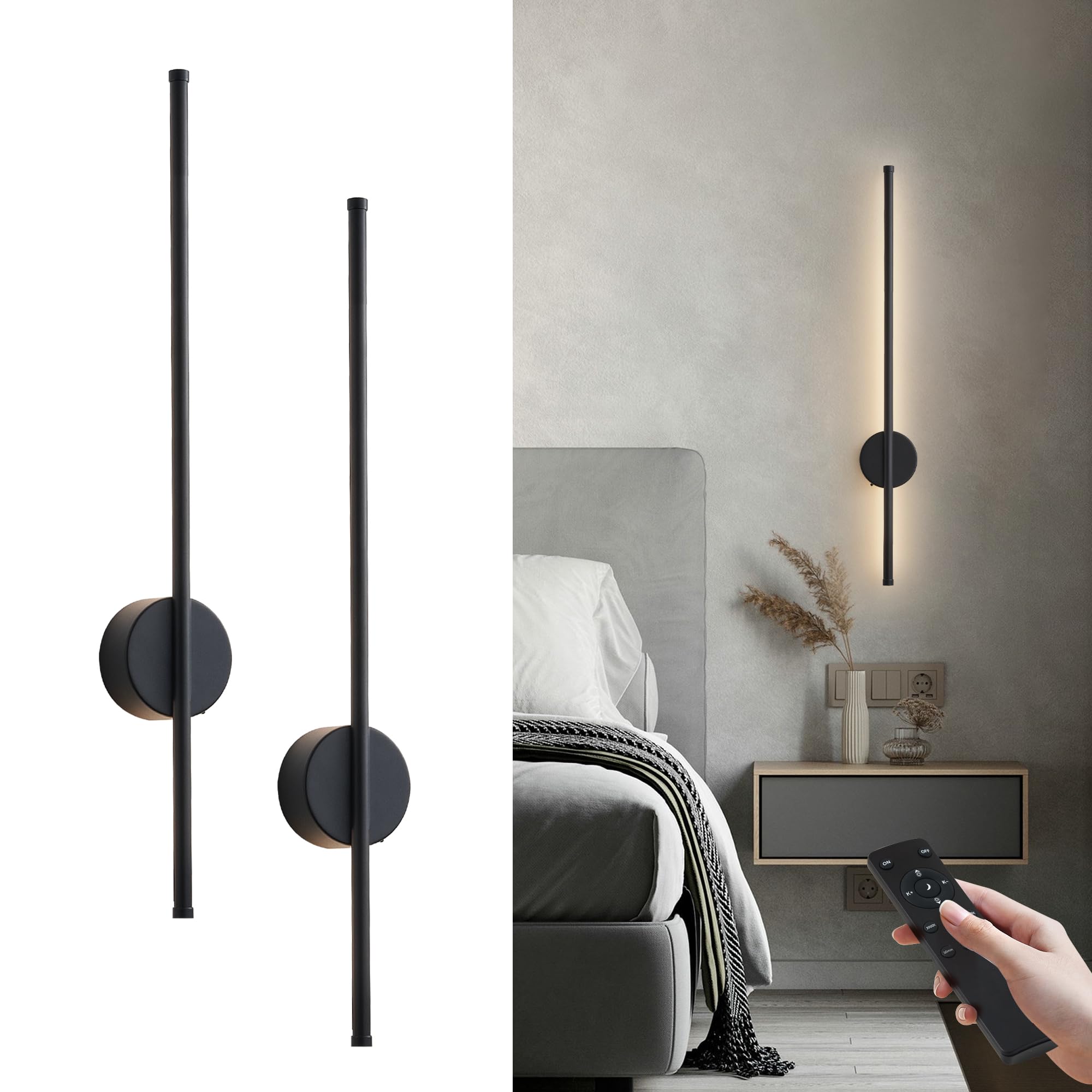 Battery Operated Modern Wall Sconces, Dimmable Wireless Wall Light Set of Two with Remote Control, 3 Color Temperatures, Rechargeable LED Wall Sconce for Bedroom, Living Room, Hallway, 27.6 Inch Black