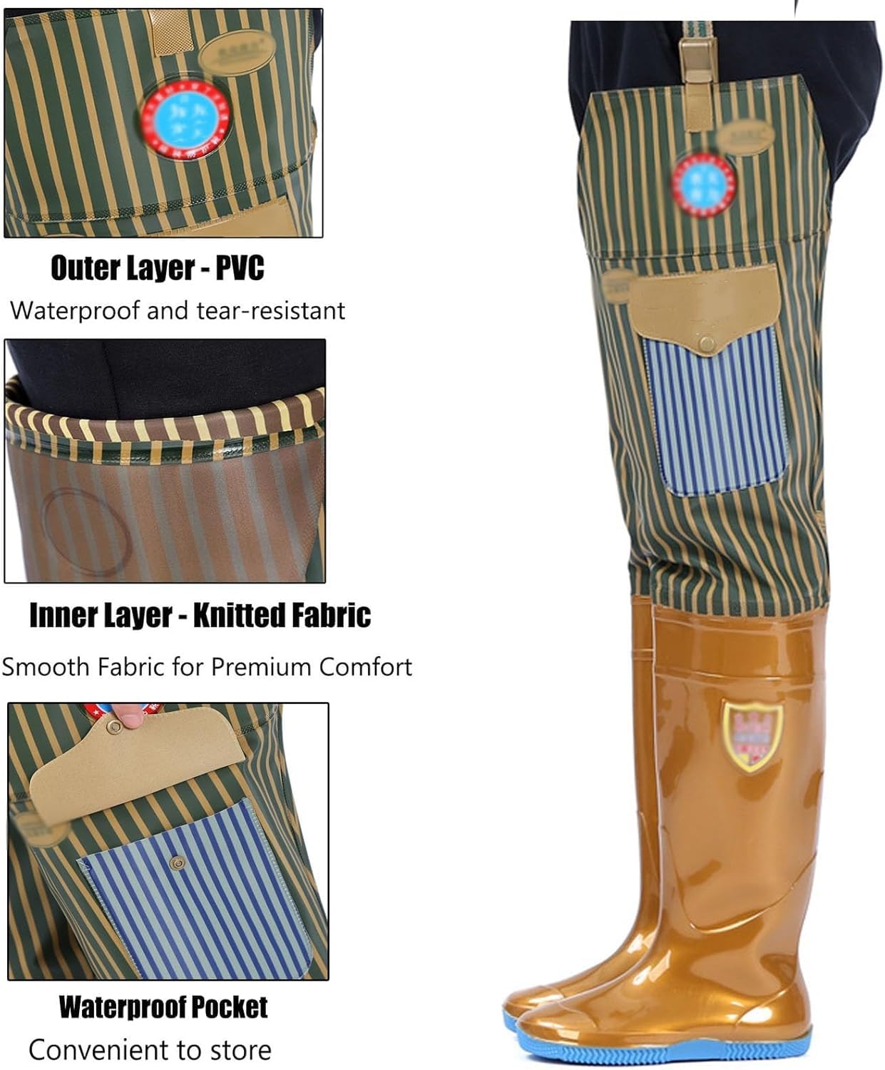 Wodery biodrowe dla kobiet i mężczyzn, lekkie, wodoodporne, wędkarskie buty brodzące z PVC z kieszenią i grubą, antypoślizgową podeszwą Oxford(10 UK)