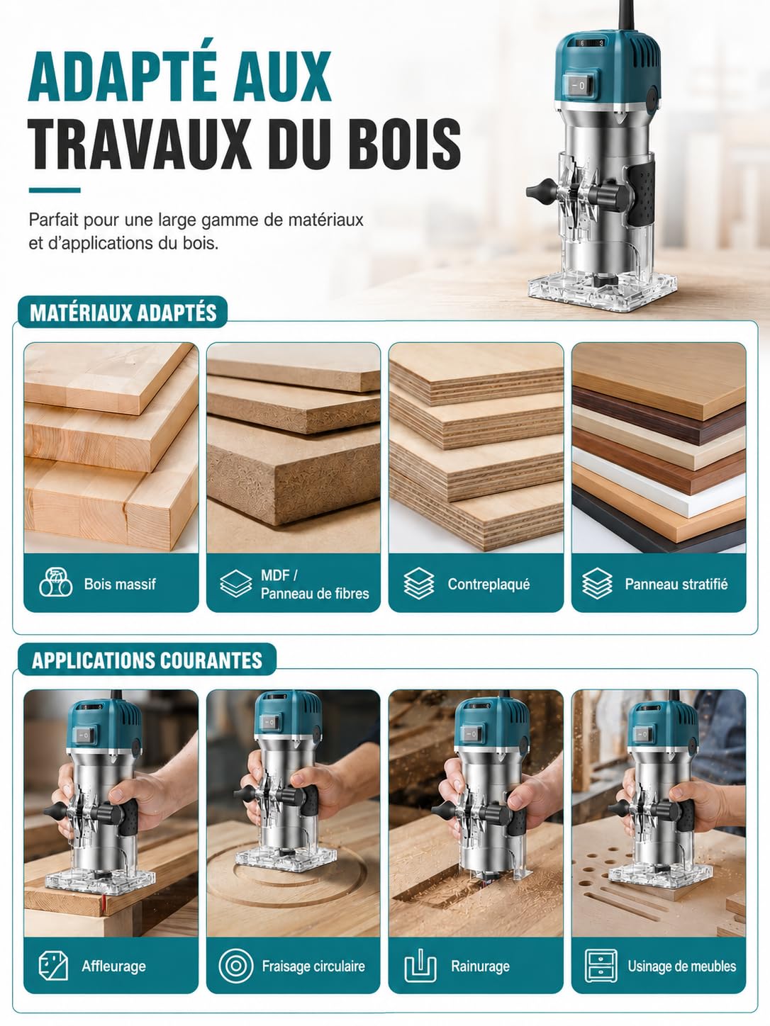 VOBOR Affleureuse à Bois Défonceuse Électrique, 800W 30000 RPM Défonceuse à Bois avec 15 Fraises à Défoncer Queue de 1/4", Outil de Routeur avec Pinces de 6/6.35mm pour Travail du Bois