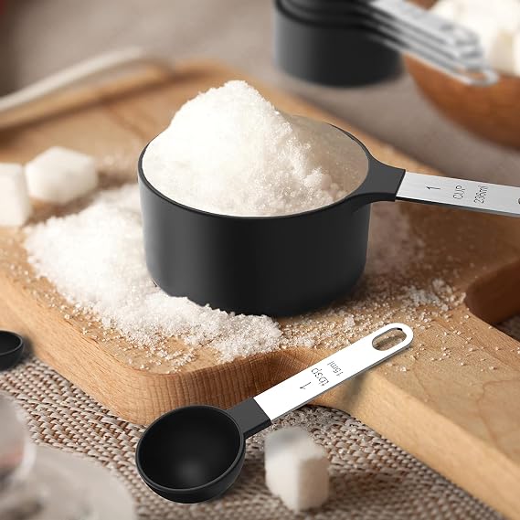 Measuring Cups and Spoons Set of 8 Pieces, Nesting Measuring Cups for Measuring Dry or Liquid Ingredients, Small Teaspoon with Plastic Head for Cooking Kitchen (Black)