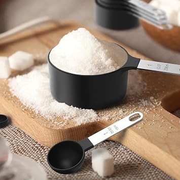 Measuring Cups and Spoons Set of 8 Pieces, Nesting Measuring Cups for Measuring Dry or Liquid Ingredients, Small Teaspoon with Plastic Head for Cooking Kitchen (Black)