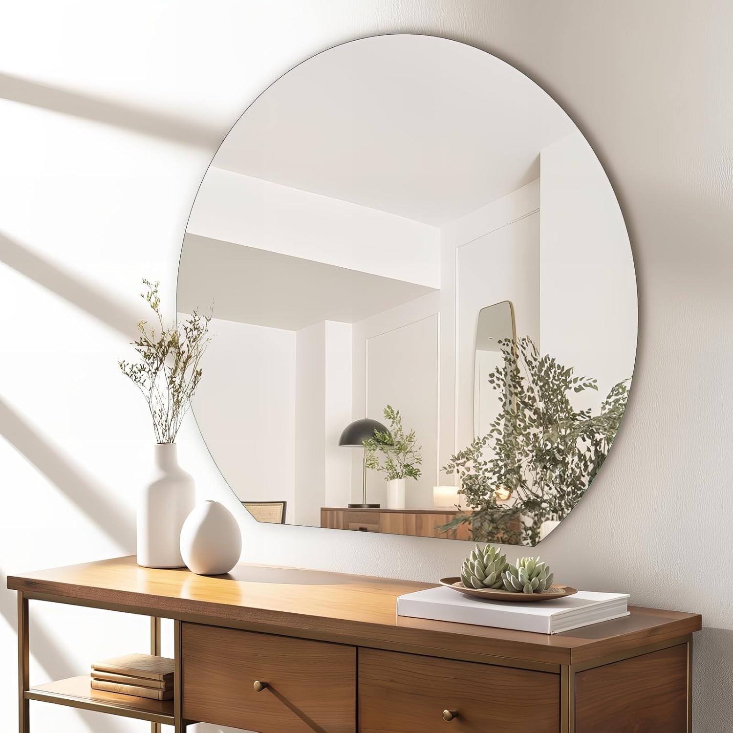 Half Moon Bathroom Mirror 36", Modern Frameless Wall Mirror, Hanging Decorative Vanity Mirror, Minimalist Explosion Proof Semi Circle Mirror for Living Room Bedroom Entryway, Down Cut