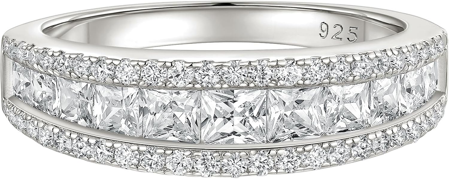 Wuziwen Princess Cut Half Eternity Band Rings for Women 925 Sterling Silver CZ Wedding Stackable Ring for Her
