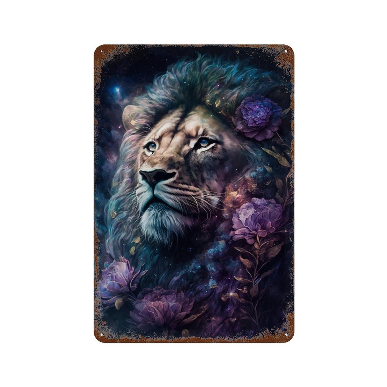 Enchanted Lion with Flowers Distressed Metal Wall Sign 11.8"x7.9", for Basement, Hobby Room And Garage Decor, Shabby Chic Decor