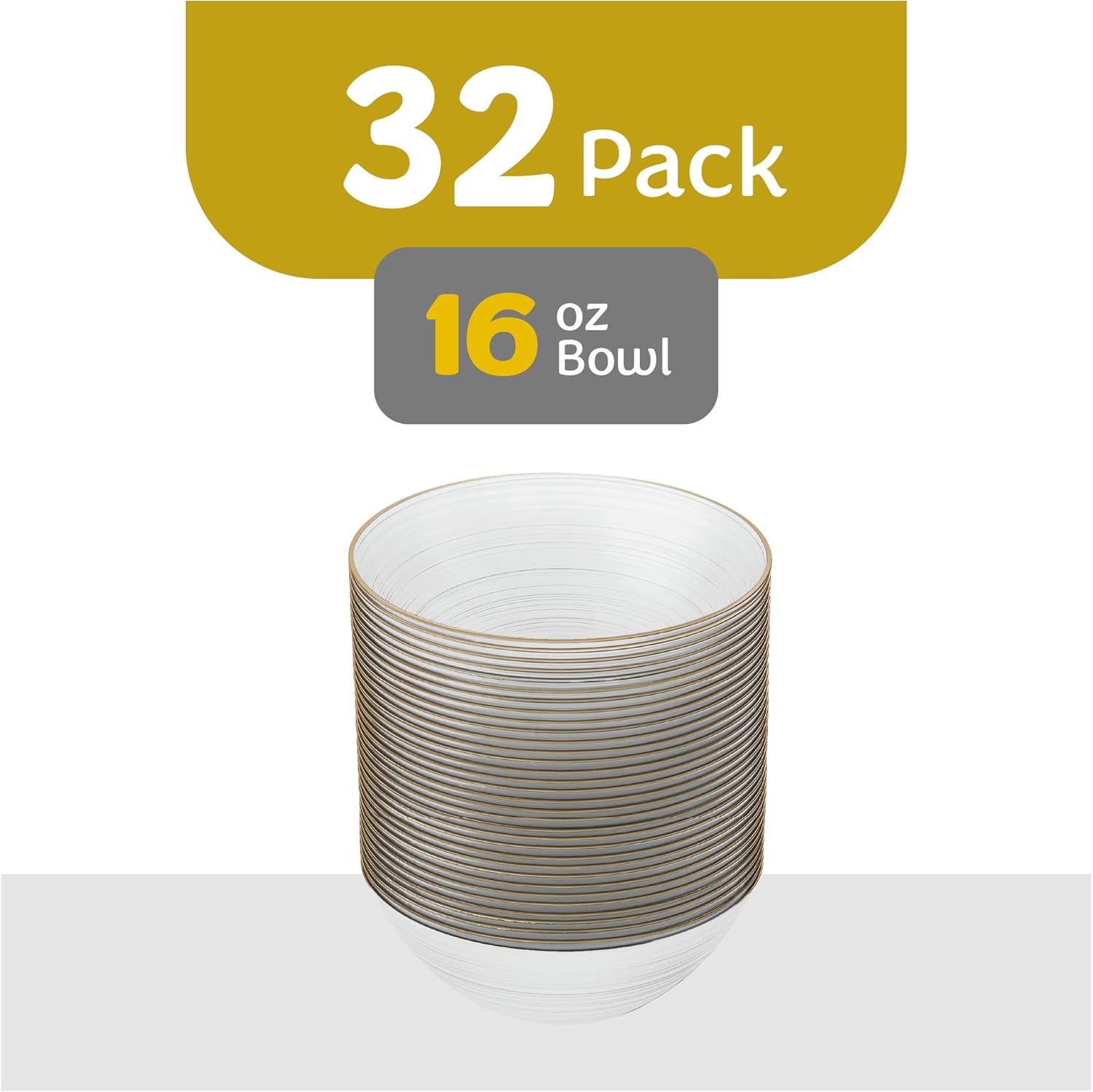 PLASTICPRO 32 Pieces Crystal Design Plastic Bowls 16 ounce Gold Rim Elegant Disposable Plates, Pearl White