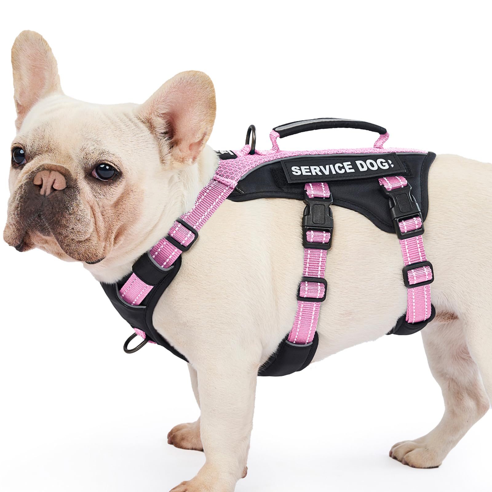 Huntboo Escape Proof Dog Harness Medium, Service Dog Harness with 6 Patches, No Pull Harness for Dogs with Handle, Reflective Adjustable Vest for Training, Walking, Outdoor (Pink,M)